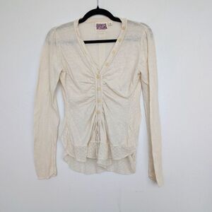 Rosie Neira Anthropologie Y2K Beige Ruched Button Up Cardigan Long Sleeve Sz M